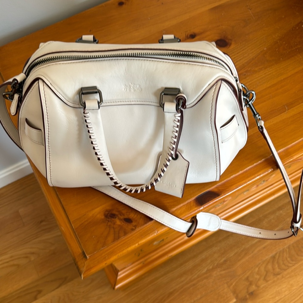 Coach Bone colored with burgundy pinstriping Satchel bag